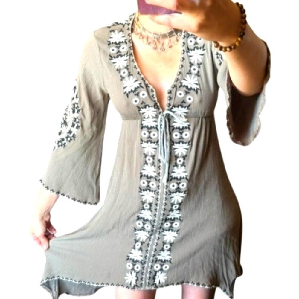 Olive Green Embroidered Boho Fairy Dress – Bell Sleeve Sharkbite Hem